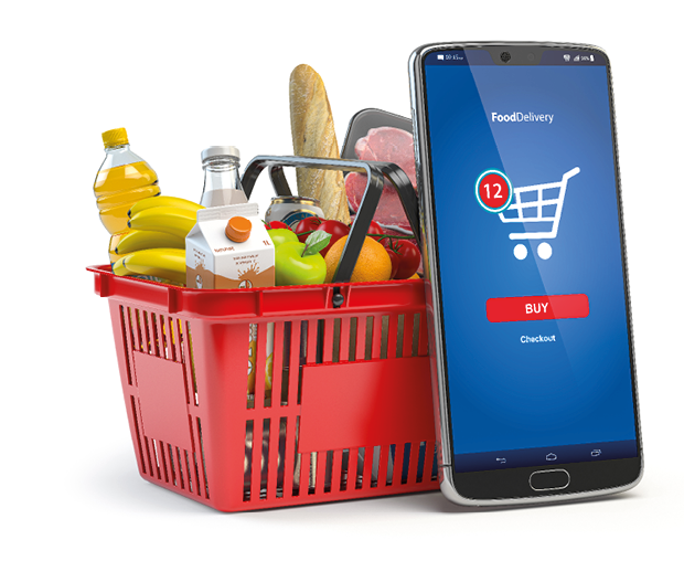 Shopping basket with fresh food isolated on white. Grocery supermarket, food and eats online buying and delivery concept. 3d illustration