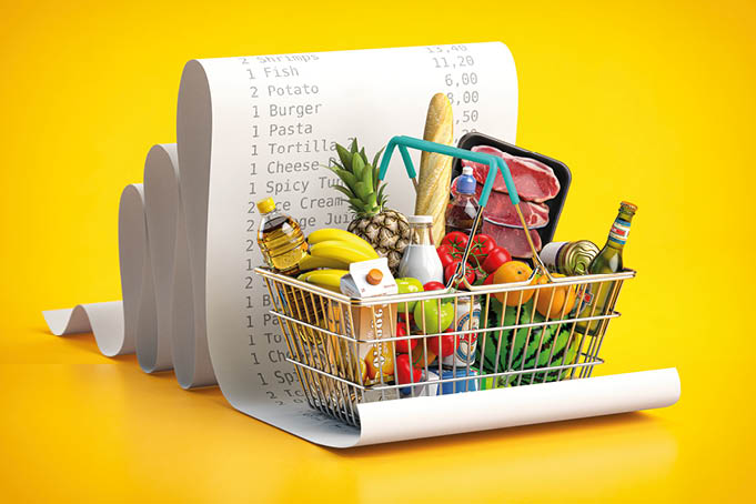 Shopping basket with foods on receipt. Grocery expenses budget, inflation and consumerism concept. 3d illustration