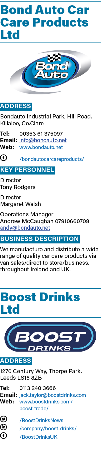 Bond Auto Car Care Products Ltd ￼ Address Bondauto Industrial Park, Hill Road, Killaloe, Co.Clare Tel: 00353 61 37509...