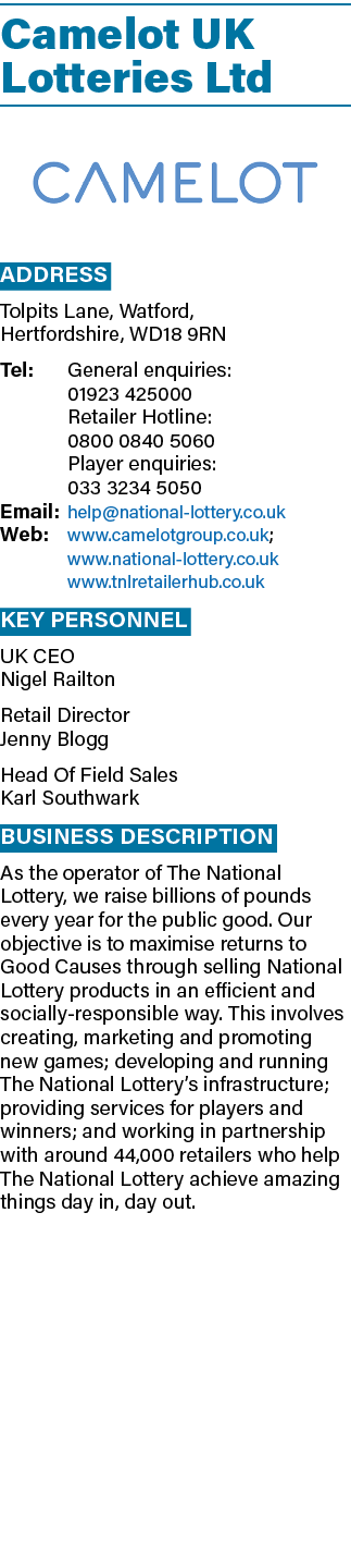 Camelot UK Lotteries Ltd ￼ Address Tolpits Lane, Watford, Hertfordshire, WD18 9RN Tel: General enquiries: 01923 42500...