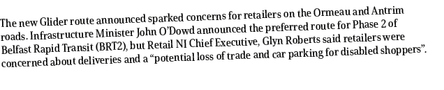 The new Glider route announced sparked concerns for retailers on the Ormeau and Antrim roads. Infrastructure Minister...