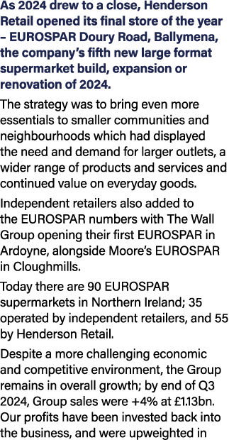 As 2024 drew to a close, Henderson Retail opened its final store of the year – EUROSPAR Doury Road, Ballymena, the co...