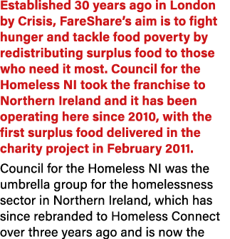 Established 30 years ago in London by Crisis, FareShare’s aim is to fight hunger and tackle food poverty by redistrib...