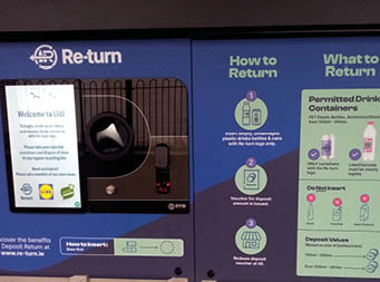 28th February 2024, Dublin, Ireland. New plastic bottle deposit re-turn point recyclable machine, offering empty bottle deposit refund vouchers outside Lidl supermarket. 