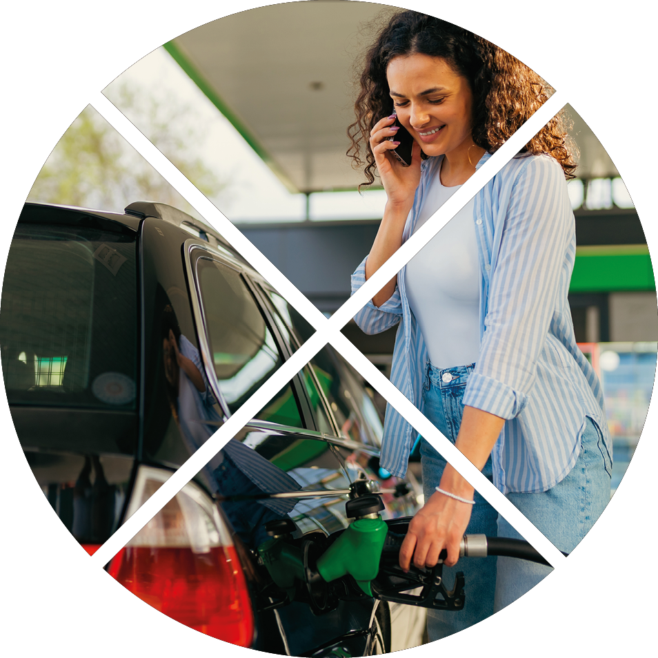 A young woman talks to her boyfriend, a family member, on the phone and fills her car with fuel