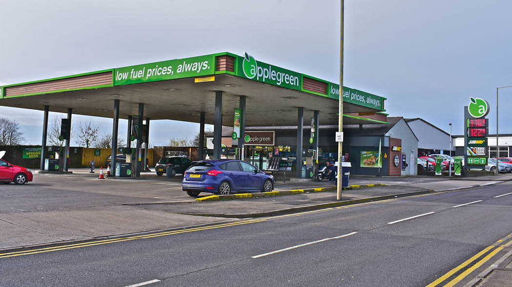 Bridgend, Bridgend County Borough / Wales UK - 2/19/2019: Applegreen Petrol Station in Tramains Road, Bridgend selling low price fuel. Subway shop and beer cave in store.