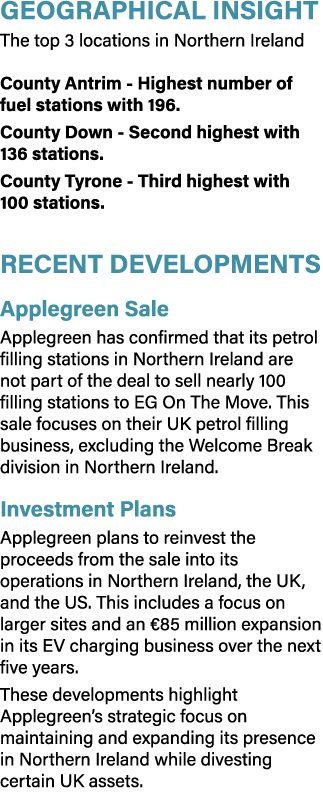 Geographical Insight The top 3 locations in Northern Ireland County Antrim Highest number of fuel stations with 196. ...