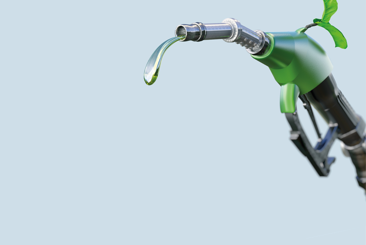 Gas pump nozzle with gasoline or biofuel drop and growing green sprout symbolising environmental friendliness, isolated. Ecological biofuel concept. 3D illustration