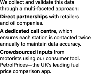 We collect and validate this data through a multi faceted approach: Direct partnerships with retailers and oil compan...