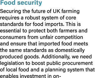 Food security Securing the future of UK farming requires a robust system of core standards for food imports. This is ...