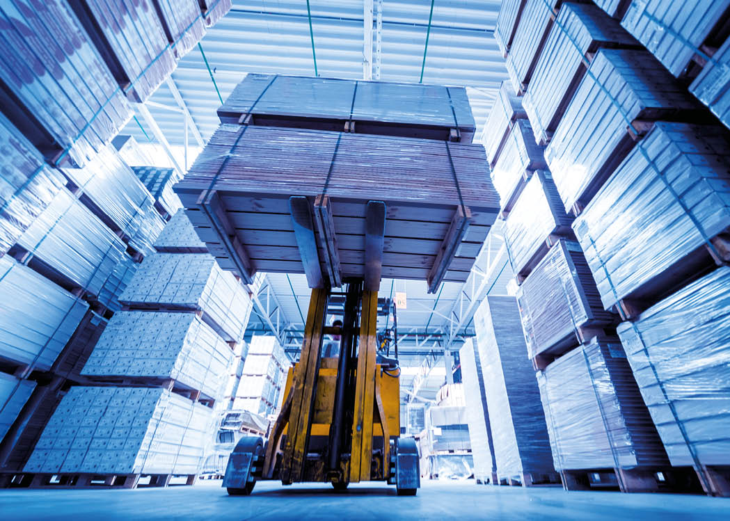 Forklift loader in storage warehouse ship yard. Distribution products. Delivery. Logistics. Transportation. Business background