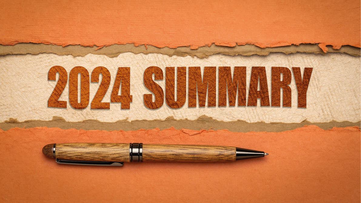 2024 year summary banner - text on art paper, end of year business concept