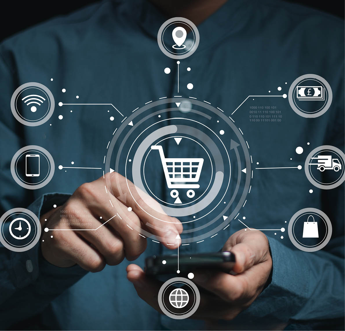 A businessman touch e-commerce and online shopping symbols, signifying the digital transformation of business through technology. Ideal for themes of online marketing, and digital economy.
