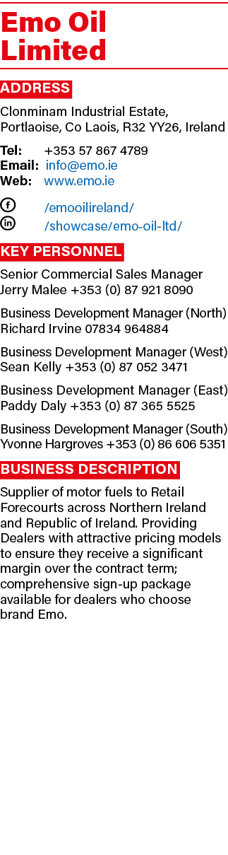 Emo Oil Limited Address Clonminam Industrial Estate, Portlaoise, Co Laois, R32 YY26, Ireland Tel: +353 57 867 4789 Em...
