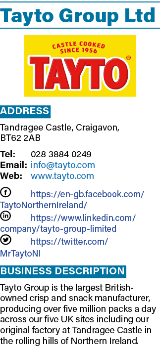 Tayto Group Ltd ￼ Address Tandragee Castle, Craigavon, BT62 2AB Tel: 028 3884 0249 Email: info@tayto.com Web: www.tay...