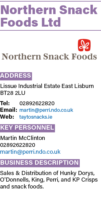 Northern Snack Foods Ltd ￼ Address Lissue Industrial Estate East Lisburn BT28 2LU Tel: 02892622820 Email: martin@perr...