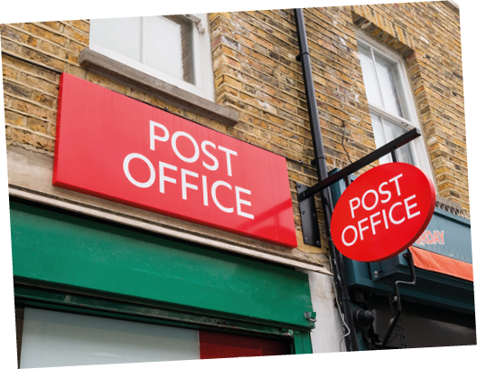 London UK. May 14th 2023:39 Post Office shop signs, Broadway Market, London E8 4PH. Concept postal service, strike, striking, industrial action, stamps, parcel delivery, postmasters and scandal.