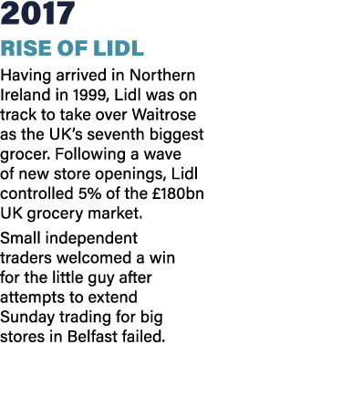 2017 Rise of Lidl Having arrived in Northern Ireland in 1999, Lidl was on track to take over Waitrose as the UK’s sev...