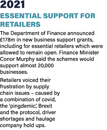2021 Essential support for retailers The Department of Finance announced £178m in new business support grants, includ...