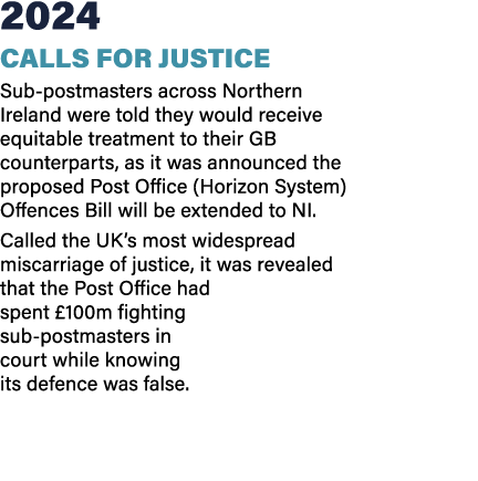 2024 Calls for justice Sub postmasters across Northern Ireland were told they would receive equitable treatment to th...