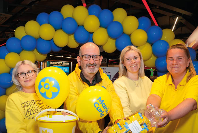 L-R Spar staff Lori Traynor, Danielle Martin, Connor O'Kane from Marie Curie and Leonnie Morton