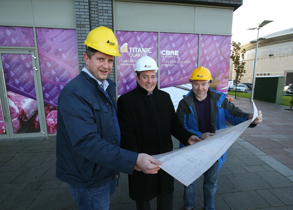 Pictured are James Eyre, Titanic Quarter’s commercial director (centre) with retailers Andy Davis and Graham Johnston